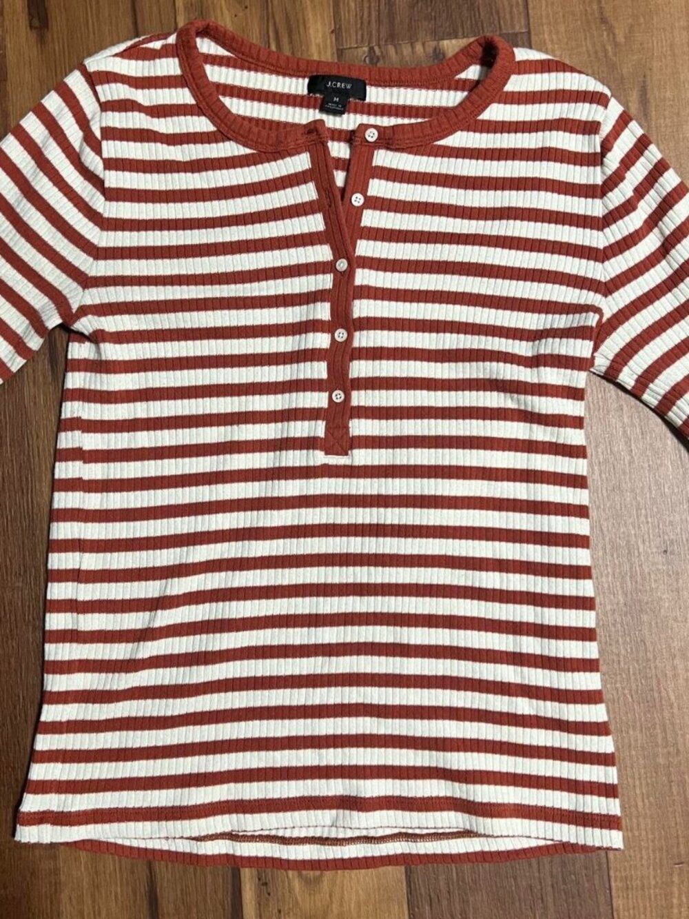 J. Crew Women's Rust and Cream Striped Henley Top
